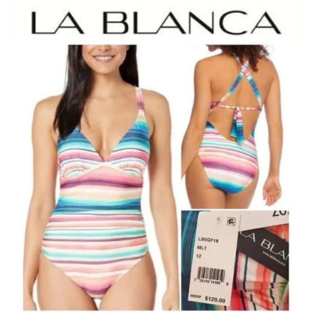 LA BLANCA Solar Stripe Laceup OnePiece Swimsuit 12